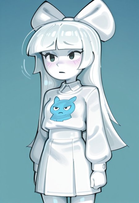 artist:wamudraws, 1girl, solo, PA (Sburb.exe), White hair, straight hair, hair bow, blunt bangs, Simple eyes, black eyes, colored skin, white skin, white shirt, white skirt,