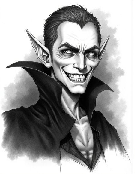 Halloween_Art_Style_Concept, A black-and-white pencil portrait of a vampire with sharp, elongated fangs and piercing, glowing eyes. His face is gaunt, with hollow cheeks and deep shadows around his eyes. His hair is slicked back, and he wears a high-collared cape that flows down in dark, dramatic lines. His expression is cold and menacing, with a slight smirk that reveals his hunger for blood. Dark mist surrounds his figure, giving an eerie and dangerous vibe.