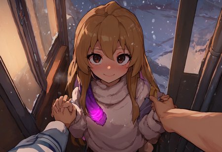 score_9, score_8_up, score_7_up, score_6_up, Aisaka_Taiga, 1girl, perfect face, cute, petite, brown eyes, colored inner hair, glowing hair, long hair, purple glowing scarf, white sweater, winter, snowing, glowing snowflakes, blush, shy smile, shy look, night, dimmed light, train station, train, snow, pov, holding hands, from above