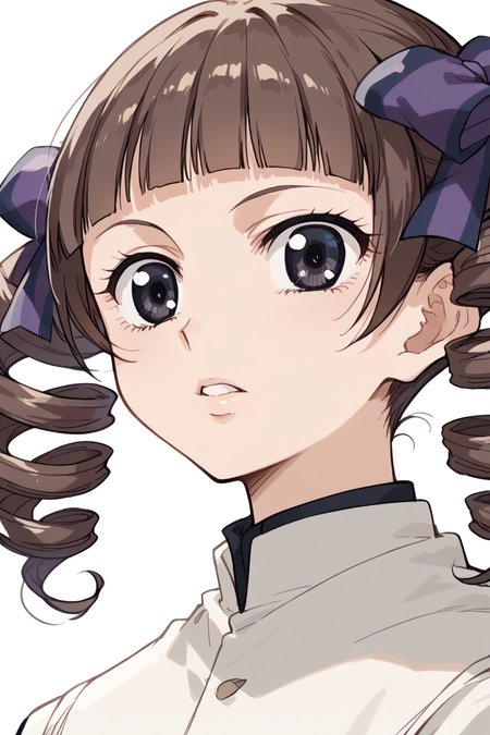 score_9, score_8_up, score_7_up, score_6_up,
 <lora:Touko_Matsudaira:1> touko, 1girl, solo, drill hair, parody, brown hair, twin drills, black eyes, bangs, blunt bangs, twintails, parted lips, ribbon, hair ribbon, close-up, portrait