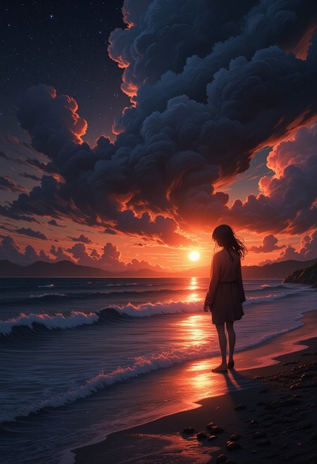 golden hour scene of two friends sharing a quiet moment. The scene showcases a sky filled with shimmering stars and constellations, with a winding river in the background.   The lighting casts cool, mysterious shadows, enhancing the surreal beauty of the landscape. The figure is dressed in bohemian attire, adding a mysterious allure. Small details, like waves gently lapping at the shore, bring an extra layer of magic and realism to the scene.}bv-stuanilan<lora:bv-stunning-anime-landscape-v1.safetensors:1.0:1.0>