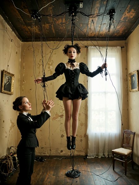 Professional photography. 

Human marionettes, controlled by cords from the ceiling.

<lora:OMG-Is-DucHaiten_v1.0:1.0>