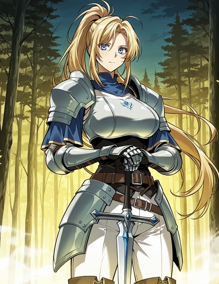 <lora:Kiri_Frodmain Illustrious:1>
1 girl, solo, blue eyes, blonde hair, long hair, ponytail, bangs, large breasts
armor, gauntles, boots, breastplate, belt, shoulder armor, pauldrons, white pants
score_9, score_8_up, score_7_up, very aesthetic, source_anime, detailed, high quality, beautiful, masterpiece, detailed eyes, hands on hilt, looking at viewer, cowboy shot, legs apart, outdoors, night,  yellow theme,  fog,  forest