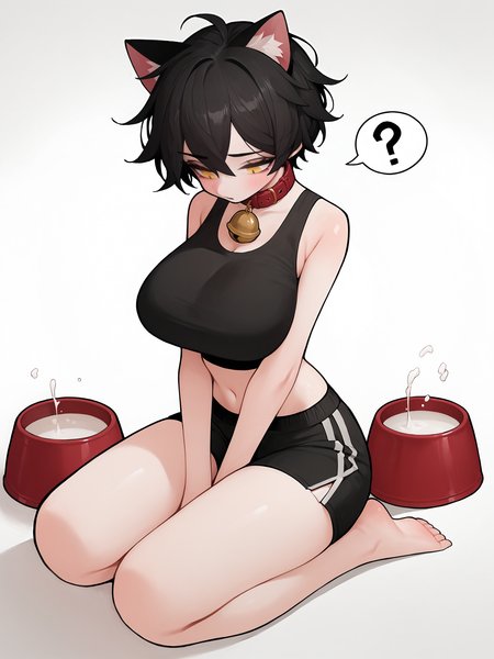 score_9, score_8_up, score_7_up, score_6_up, score_5_up, score_4_up,
BREAK
1girl, black hair, short hair, messy hair, yellow eyes, cat ears, spoken question mark, half-closed eyes, squinting, neck bell, looking down,
BREAK
solo, kneeling, barefoot, black crop top, black top, sleeveless, stomach, large breasts, black sport shorts, red collar, hands between legs, milk bowl, red bowl,
BREAK
white background, <lora:Lunas-Rabbit-SDXL-A1:1>