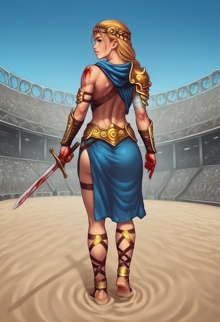 1girl, (((back view))), illustration, highly detailed, skinny, model body, looking at viewer, 1girl, masterpiece, best quality, femgladiator, scar, bloody, dynamic pose, <lora:Gladiator_F_For_Honor:0.9>
BREAK
(((((Thracian gladiator armor, holding wide long sword in hands))))), ((((dynamic pose))))
long hair, blonde hair, big hair, blue eyes,
(((a short soft tunic, arms and legs bandaged with tight bandages, leggings worn)))
best quality, depth of field, bokeh, (((full clothed))), 
BREAK 
((((outdoor, gladiator arena, sand, colosseum, bloody, gore:1.2)))) score_9, score_8_up, score_7_up, score_6_up, source_cartoon, rating_explicit, Expressiveh, ((((full body))))), dynamic pose,