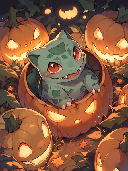 score_9, score_8_up, score_7_up, score_6_up, score_5_up,   <lora:halloweenpokemonXLP:0.7> halloween pokemon, no humans, jack-o'-lantern, (bulbasaur:1)