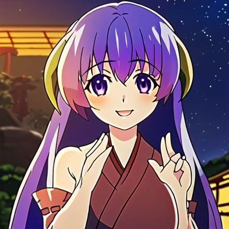 1girl, female, (solo), Hanyuu, 1girl, solo, purple eyes, horns, long hair, purple hair, japanese clothes, miko, detached sleeves, hakama, hakama skirt, skirt, red hakama, ribbon-trimmed sleeves, higurashi, (best quality background, beautiful background, masterpiece background:1.3), (cute), anime screencap, long hair, purple hair, Japanese architecture, yukata, waving, midnight, night, starry, smile, high quality, best quality, masterpiece, best quality character, beautiful eyes, good hands, best hands