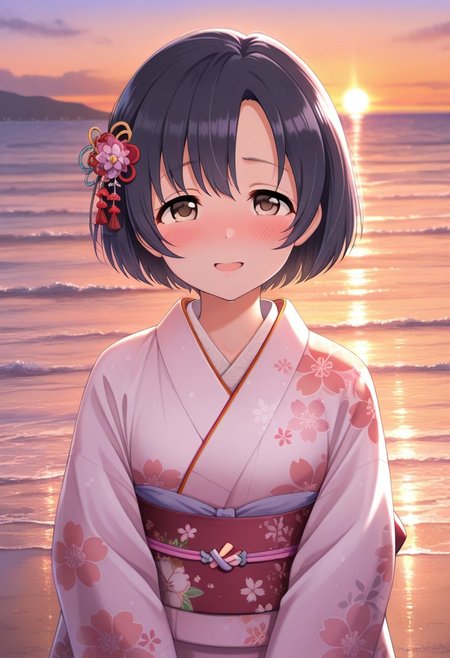 masterpiece,best quality,amazing quality,  shiragiku hotaru, short hair, black hair, brown eyes, 1girl, japanese clothes, solo, kimono, hair ornament, floral print, outdoors, looking at viewer, ocean, smile, blush, sunset, open mouth