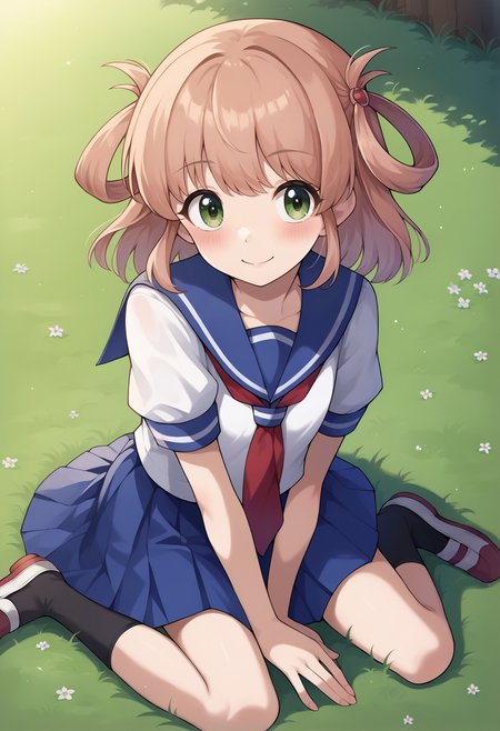 score_9, score_7_up, hd, (ultra hd quality details), source_anime, outdoors, grass,
solo, 1girl, rlrino, hair rings, medium hair, light brown hair, light green eyes, 
school uniform, blue sailor collar, white shirt, short sleeves, red neckherchief, blue skirt, black socks, shoes,
looking at viewer, blush, smile,
sitting, from above,
 <lora:_rino_pcr-elesico-pony:1>
