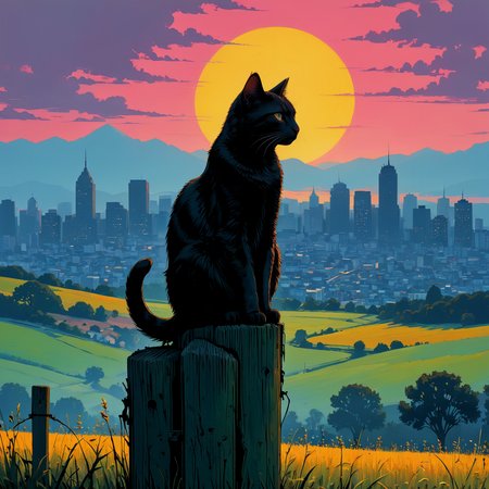 A painting of a cat sitting on a post in a field with a silhouette of the city in the background.

<lora:PopArt01a_CE_XL_300-OT:0.6> popartCE_style