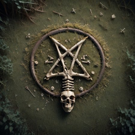 Photography.
score_9, score_8_up, score_8, score_9, masterpiece, ultra high quality, hd render, satan, satan symbols, pentagram, no humans, pentagram made of bones, bones on grass, view from above