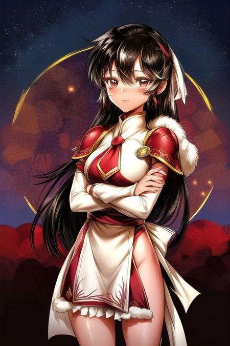 best quality 1girl Setsun4 solo long hair,  (night time) forest background black hair very long hair purple eyes multicolored hair armor, small, (fur trim) (medium body),<lora:EMS-179-EMS:0.800000>,<lora:EMS-293862-EMS:0.800000> bow, hair_bow, hair_tubes, red_bow, brown_hair, long_hair, bangs, ascot, frilled_bow, yellow_ascot, blush, smile, hair_between_eyes, athletic, armor, miko, ,(((intricate outfit,intricate clothes,embroidered outfit,ornate outfit,embroidered clothes,ornate clothes))), strengthmda, crossed arms,