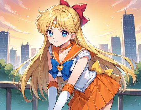 score_9, score_8_up, score_7_up, source_anime,
sailorvenus, <lora:sailor-venus-ponyxl-lora-nochekaiser:1>
sailor venus, blonde hair, blue eyes, bow, hair bow, half updo, long hair, red bow, tiara,
back bow, choker, elbow gloves, gloves, jewelry, magical girl, orange choker, orange sailor collar, orange skirt, sailor collar, sailor senshi uniform, school uniform, serafuku, skirt, white gloves,
outdoors, cityscape, bent over,
looking at viewer, cowboy shot, dutch angle,