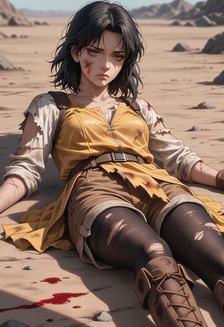 score_9, score_8_up, score_7_up, high quality, good quality, rendered details. High resolution, good quality face. Detailed, good quality textures. deep skin, skindentation, highly detailed, high resolution, high quality, highres, source_anime, anime screencap, saturation, vivid colors, 1girl, solo, 
masterpiece, best quality, newest, absurdres, highres, blurry background, depth of field, shadow, very aesthetic, intricate, detailed, 
magical girl dress, yellow steampunk dress, (brown shorts:1.2), utility belt, brown boots, brown gloves, black tights, 
black hair, medium hair, messy hair,
looking down, blood, blood on clothes, blood on face, tired, battlefield, bloody, corpses, rubble, Battle Damage, cuts, bruises, damaged, torn clothes, blood, fortress, wasteland, desert, heavy rain, dark cloud, night sky, dark theme, light particles, ripped clothes, hurt, injured, scars, blood tears, blood pool, dying, broken sword, reclining on ruin,
ghostshell, retrostyle