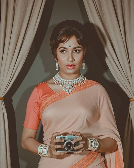 vintage magazine cover shoot featuring S4dh4n4, Bollywood star of the 60s, standing in front of a classic studio backdrop with draped curtains, holding an old camera, retro jewelry, styled in bold eyeliner and coral lipstick, monochrome or faded pastel tones, stylish pose
 <lora:s4dh4n4_Sadhana_Flux_Kohya_V1b_500Steps:1.0> <lora:aidmaRealisticSkin-FLUX-v0.1:0.4000000000000001>
