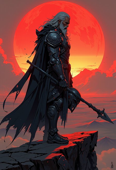 Standing atop a steep cliff that overlooks an endless, barren desert, an ancient Paladin faces the horizon where a massive, crimson sun is setting, casting a surreal blood-red glow across the sand dunes. His figure is partially silhouetted, the intricate engravings on his power armor catching the last light, each scratch and detail of his battle-worn form rendered in striking relief. His beard flows in the wind, streaked with gray and white, as his shadow stretches across the rocky ground behind him, creating an immense sense of scale. Dust and embers swirl around him, sharp in the foreground, then blurring into the vast desert. His helmet rests in one hand, while his other hand clutches a long, twisted staff, the silver headpiece glinting in the fiery light. The contrast between the crimson sun and his dark, imposing armor casts an ominous glow, emphasizing his role as the final protector in a desolate, fading world., <lora:models\Flux\Anime v1.3:1.2>, <lora:models\Flux\Hyper-FLUX.1-dev-16steps-lora:0.13>, Anime, Niji, Cyberpunk, illustration