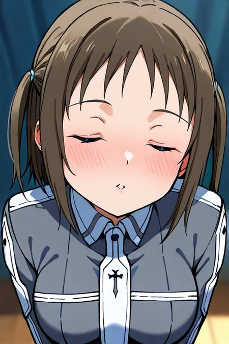 masterpiece, High quality, Ultra detailed, 2d, newest, absurdres, highres, BREAK
1girl, solo, <lora:ronye_arabel:0.8>, ronye_arabel_(sword_art_online), short hair, brown hair, two side up, blue eyes, 
medium breasts, ronyeDef, long sleeves, school uniform, grey jacket, necktie, upper body, 
incoming kiss, closed eyes, blush,
