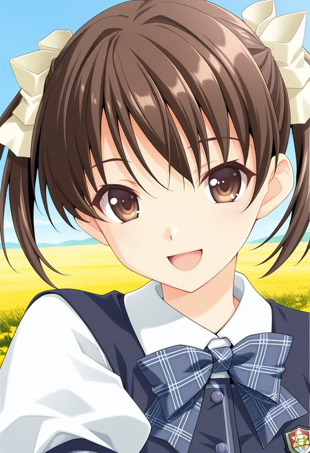 1girl, solo, (field:1.2), (blue sky:1.2), looking at viewer, 
ever17_sara, brown eyes, brown hair, short twintails, hair ribbon, bowtie, school uniform, vest, puffy short sleeves, plaid bow, <lora:ever17_sara_illustrious_ver1:0.8> 
smile, open mouth,, masterpiece, best quality, general,, (upper body:1.2), (close-up:1.2), (facing viewer:1.2), (open eyes:1.4), (portrait:1.2)