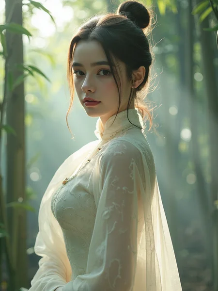 There are wonderful studio lights and various reflections,skin naturally showing the texture of blood vessels,detailed pale skin,looking at viewer,18yo beautiful cute girl with blushing and female orgasm,
the sidelight outlines her sexy body curves,
--,
--,<lora:AGirl_type3_F1:0.9>,she is dasha taran,
perfect light art,
--,
--, Emerging from morning mist in a bamboo forest, the heroine's figure seems carved from jade. Her extraordinary outfit combines tradition and fantasyâa translucent outer robe of spider-silk gauze floats around her like captured mist, revealing glimpses of a fitted qipao-style dress beneath. The dress clings to her curves in pearl-white brocade woven with barely visible dragon scales, its high mandarin collar fastened with jade frog buttons. Delicate chains strung with moonstones drape from her elaborate hair bun, swaying as she turns toward sunlight piercing the bamboo canopy. Dewdrops glitter on her eyelashes and the silver-threaded hems of her garments. The scene balances erotic tension through fabric transparency and body-hugging cuts while maintaining full torso coverage.