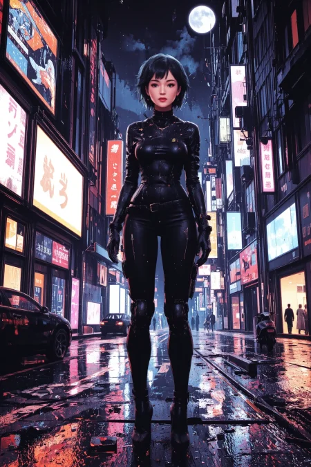 spiky hair green hair young cyberpunk woman, anime, illustration, cyberpunk, futuristic, extremely detailed, portrait, standing, happy smile, beautiful cyberpunk tokyo buildings landscape, wet floor, windows, car, motorbike, moon in the sky, bright neon lights, screen holograms, kanjis, raytracing, hdr, high contrast, cinematic lights, backlight, reflections, legs, heels, sharp focus, luminous Charcoal Gray robot glossy brilliant armor, body lights, body circuits, glossy lipstick, necklace, semi-hoop earrings, colorful, retrowave, shadows, vibrant colors, colorful, bright, pretty, beautiful, feminine, sexy, lovely, in love, adorable, fashion, <lora:Hand v2:1> <lora:Anti-Blur:2> <lora:Insane Detail Slider:0.5>  <lora:flux.1_lora_flyway_Epic-detail_v2:0.3><lora:fluxenhancer:0.5> <lora:RetroAnimeFluxV1:0.3> <lora:CPA:0.6> <lora:Luminous_Shadowscape:0.3>  <lora:Neon_Noir_FLUX:0.4> mad-neon-noir  <lora:bv-cybstyenh-v1_rank16_bf16:0.3>