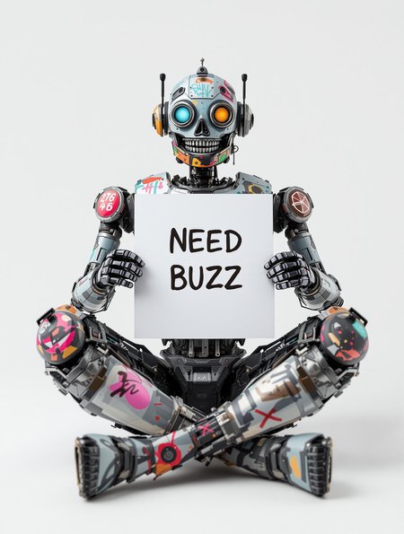 A vintage punk-style robot, which was jokingly painted with graffiti, sits facing the camera on a clear white background, full-length, holding a large white A4 card with both hands in front of his chest. It says "NEED BUZZ" and he laughs.C4D,Blender,UE5