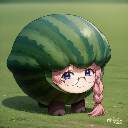 score_9, score_8_up, source_anime, Watamelon,no humans, creature, chibi, watermelon, all fours,emmathors, blue eyes, braided ponytail, glasses, long hair, pink hair,  <lora:emma-rebake3:0.9>, light smile, <lora:ChamWatamelonPonyXL:1>