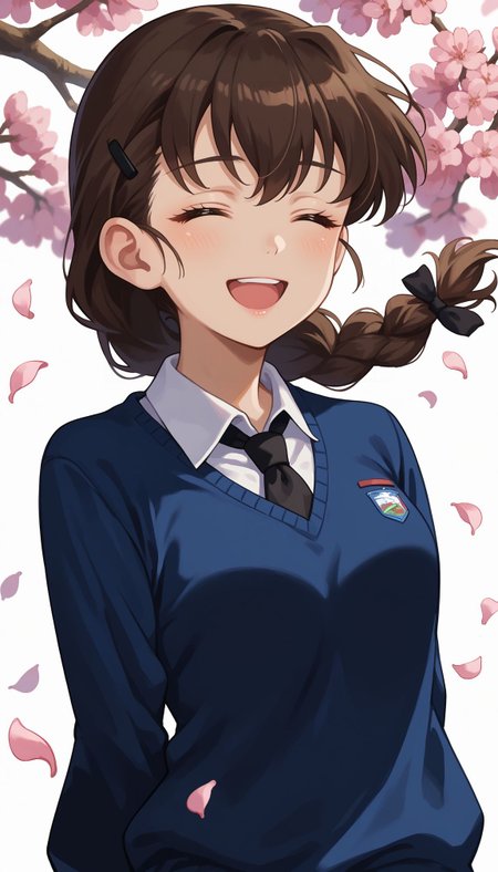 score_9, score_8_up, source_anime, 
 , <lora:Rukuriri:1>, 1girl, st. gloriana's school uniform, hairclip, blue sweater, dress shirt, brown hair, v-neck, long hair, hair ornament, closed eyes, smile, wing collar, single braid, white shirt, white background, open mouth, long sleeves, black necktie, petals, wind, facing viewer, simple background, standing, hair ribbon, bangs, upper body, arms behind back, black ribbon, braided ponytail, hair bow, st. gloriana's (emblem), cherry blossoms, black bow