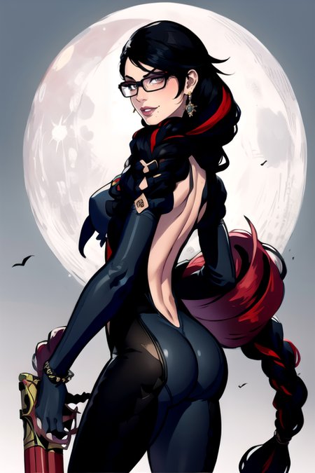 <lora:bayonetta:0.8>, bayonetta2,1girl,solo,long hair,looking at viewer,smile,black hair,gloves,jewelry,weapon,ass,braid,red hair,multicolored hair,earrings,glasses,looking back,mole,twin braids,streaked hair,gun,clothing cutout,makeup,moon,lipstick,mole under mouth,eyeshadow,back cutout,