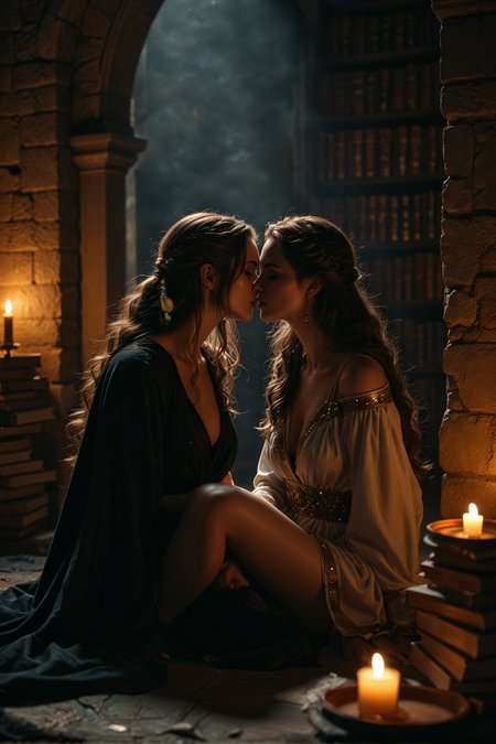 score_9, score_8_up, score_7_up, score_6_up, 2girls, 21 year old, ((night)), (wide shot), ((medieval)), short female scholar, kissing, female wizard,  sitting in alcove, library, choatic piles of books, candle light, high cut clothing, ornate, nighttime, magical sparks, ((deep v-neck)), stone pillar, head leaning back, romantic, reaching kiss, (ornate clothing), perfect figure, ((undressing)), ((robe on floor)), intimate  highly detailed skin, perfect hips, wide hips, highly detailed skin, glistening skin, gloom, movie still, ((perfect eyes)), ((Low-key lighting)), ((dark background))