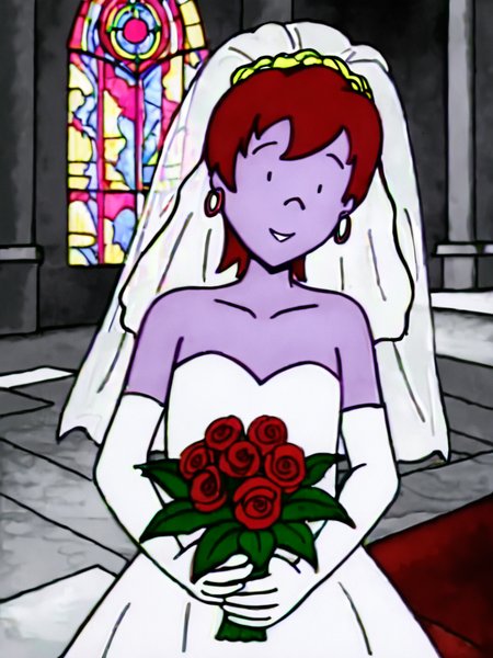 score_9, source_anime, masterpiece, high quality, BREAK, white background,  1girl, <lora:Beebee_Bluff_PDXLv0:0.8> beebee bluff, hoop earrings, aged up, wide hips, adult figure, mature body, hair ornament, gloves, dress, holding, cleavage, hair between eyes, bare shoulders, collarbone, flower, elbow gloves, indoors, white gloves, hair flower, white dress, strapless, rose, red flower, veil, strapless dress, red rose, bouquet, wedding dress, bridal veil, holding bouquet, bride, stained glass, church