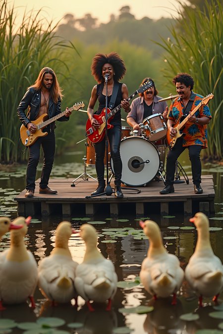 A movie still,high resolution photograph,A humorous and lively scene capturing a rock band performing for an enthusiastic audience of ducks. The band is on a makeshift stage set up by a serene pond, with a backdrop of reeds and lily pads.


On the left, the long-haired guitar player, with flowing locks and a leather jacket, skillfully shreds on his electric guitar, his focus intense and expressive.
In the middle, the female African vocalist, radiant and dynamic, stands confidently with a microphone in hand, belting out a powerful tune. She’s dressed in stylish rock attire, her energy infectious. 

On the right The fat Latino bass player, wearing a bright, colorful shirt and matching hat, grooves rhythmically while plucking his bass with a broad smile, adding a fun, charismatic element to the performance. 

In the back, the drummer with a moustache and wearing a headband, full of enthusiasm, energetically plays on a compact drum set, his drumsticks flying as he keeps the beat.

The audience, a row of ducks gathered at the edge of the pond, watch with rapt attention. Some ducks are even bobbing along to the rhythm, while others have their heads tilted in curiosity. The scene is bathed in the soft, golden light of a setting sun, creating a whimsical and cheerful atmosphere.