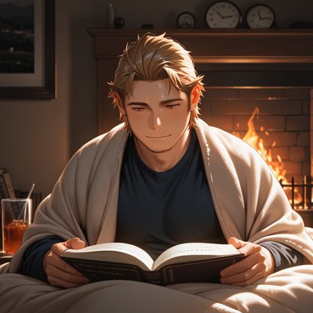 masterpiece, best quality, amazing quality, absurdres, newest, detailed background, definition so sharp, Ultra-HD, 8K cinematic, very awa, impressionate, amazing quality, highres, 
solo, male focus, manly, plump, shadow, shiny skin,
ekusoushizumu, ekusou_brunette, ekusou_orange eyes, 1boy, short hair, sideburns, stubble, cozy, warm_lighting, fireplace, soft_blanket, book_reading, hot_drink, peaceful, relaxed, hygge, indoor, gentle_smile, natural_light