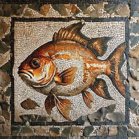 cinematic photo mosaic of a  big Gold fish <lora:Roman_Mosaic:1.0>, 35mm photograph, film, bokeh,  professional, 14k, highly detailed