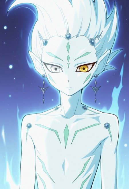 masterpiece,best quality,amazing quality, source_anime, 
astralzx, 1boy, male focus, solo, blue skin, spiked hair, pointy ears, earrings, heterocromia, grey eyes, yellow eyes, upper body, indoor, transparent, spirit,
