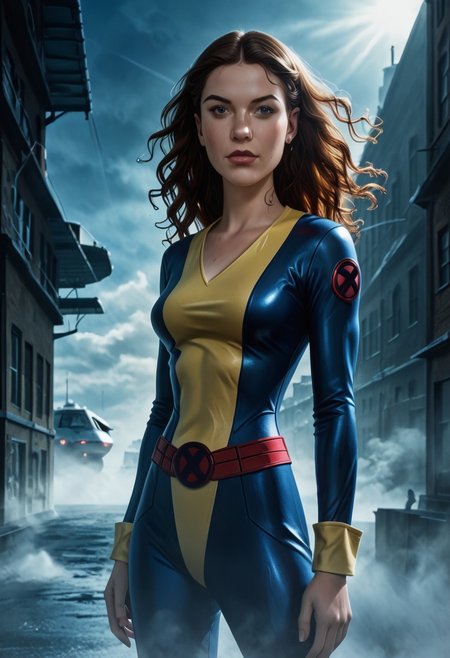 Ultra detailed digital art masterpiece, Hyperdetailed, hyperrealism, extremely high resolution of Beautiful Superheroine Kitty Pryde, Greg Rutkowski style, stands in a bloody, sinister battle in the streets of a ruined city, Realistic brown eyes, wavy long brown hair, Intricately designed blue and yellow X-Men Superheroine combat costume with X logo, Marvel, X-Men, 8K, deep color, Cinematic Lighting, intricate smooth, sharp focus digital painting, Artgerm, WLOP, Greg Rutkowski, Beautiful Kitty Pryde, wavy hair, Intricately Designed handsome white pale face, Marvel comics, Realistic combat dirty clothing, perfect whole athletic body, defiant and seductive, Photograph Taken on Nikon D750, Intricate Elegant, Digital Illustration, Scenic, Unreal Engine, CryEngine, Octane Render, 8k, Designed combat clothes, Attractive, Attractive woman, dramatic lighting, wet and sweaty skin, beautiful firm Breasts, Daylight, Concept art by Greg Rutkowski, adding to the intense and dynamic atmosphere of the scene