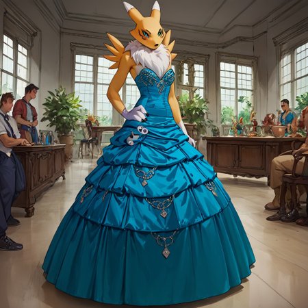 three_quarter_view ,score_9, score_8_up, score_7_up, score_6_up, score_5_up, score_4_up, source_furry, rating_explicit,
Renamon at a ball full of people, she is wearing a ballgown and dancing