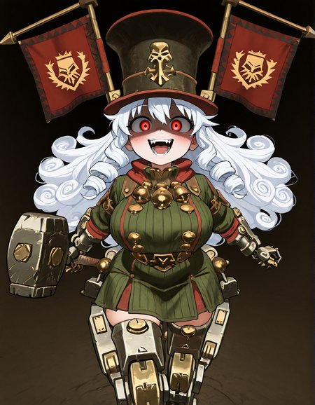 (2D,masterpiece,best quality,amazing quality,very aesthetic,high resolution,looking at viewer,ultra-detailed,,solo,source_anime,cute,curvy,lovely,Simple black background), Astragoth Ironhand,top hat,flag,(holding Hammer:1.2),Iron hand,clothes,ride mecha,white hair,curly hair,long hair,Shortstack,rape face, orgasm face, glowing red eyes, open smile, reverse_rape, open mouth,shaded face, scared face, yandere,fangs,blush,mechanical leg,<lora:Astragoth_Ironhand:1>, <lora:ValbunStyle-IL:0.6>