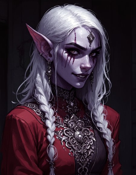 cflxillst
wc1dnd_style
FFRussNicholson

A highly detailed close-up portrait of a dark elf noble woman. 
She has a crazy and insane look and her mouth is distorted into an ugly and evil grin

She wears a luxurious dark red tunic richly embroidered with intricate silver patterns. 
She has small breast and is otherwise highly seductive.

Her light purple skin contrasts elegantly with the fine fabric. 
Her long, silver-white hair cascades down her shoulders in soft waves. 

The lighting is dramatic, casting deep shadows that emphasize her sharp, angular features.
The background is blurred and dark, evoking the mysterious depths of the underworld.


