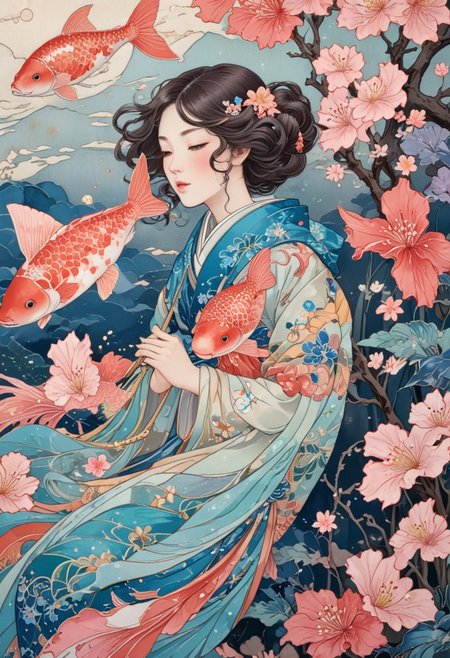 Art nouveau, in a serene spring a colorful koinobori is spoon fed stardust, closeup overalldetailxl