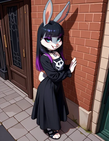 masterpiece, best quality, very aesthetic, absurdres,
outdoors, goth fashion, 
full body, posing, standing, 
seductive smile, parted lips, long eyelashes,
<lora:Goth_Bugs_Bunny_v01_NAIXL:1>
G07h88,1girl,solo,furry,furry female,rabbit girl,rabbit ears,long hair,multicolored hair,black hair,purple hair,blunt bangs,rabbit ears,piercing,blue eyes,makeup,eyeshadow,snout,animal nose,whiskers,buck teeth,collar,body fur,two-tone fur,grey fur,white fur,rabbit tail,