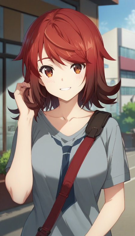 score_9,score_8_up,score_7_up,score_6_up BREAK official art,solo,outdoors,upper body,(portrait:1.5),looking at viewer,facing viewer,smile,blush,Enjo Retto,medium hair,red hair,gradient hair,brown hair,bangs,brown eyes,collarbone,t-shirt,grey shirt,short sleeves,medium breasts,skindentation,black pants,thighs,loafers,<lora:Enjo Retto(dhh)-Pony:1.6>,