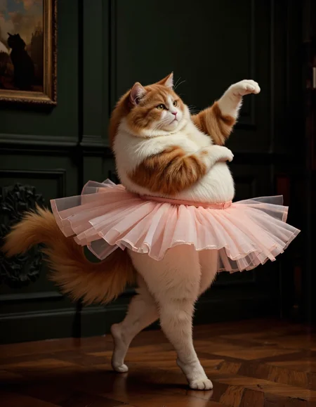 <lora:funnys:1>, This is a high-resolution, CGI-rendered photograph of a fluffy, orange and white Persian cat dressed in a ballet tutu. The cat is depicted mid-ballet pose, with one paw raised elegantly in the air, and the other firmly planted on the floor. The tutu is a soft, pastel pink, adding a whimsical and playful element to the image. The cat's fur is meticulously detailed, showcasing its fluffy texture and the intricate patterns of its fur, including the distinctive markings on its face., 
The background features a dark green wall with elegant wainscoting, adding a classic and sophisticated atmosphere to the scene. On the wall to the left, there is a framed photograph of another cat, which adds to the whimsical and humorous theme of the image. The floor is made of polished, dark wooden planks, which contrast with the light colors of the cat and tutu. The overall composition and lighting create a warm and inviting environment, emphasizing the playful and humorous nature of the scene. The image captures the essence of a cat's natural grace and charm, combined with a whimsical, human-like pose and attire, making it a humorous and endearing portrayal.