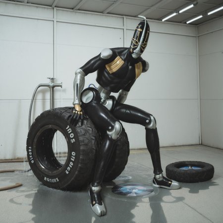 realistic, photorealistic, photo, cosplay photo, masterpiece, best quality, newest, absurdres, highres, foof, solo, full body, stand (jojo), 1boy, colored skin, yellow eyes, black sclera, joints, fangs, leaning, looking at viewer, wet, closed mouth, BREAK, warehouse, tractor, unused tire, cd, wet floor, faucet, hose, water