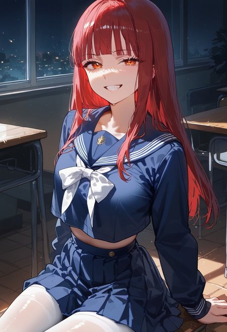 score_9, score_8_up, score_7_up, score_6_up, score_5_up, score_4_up, source_anime,
masterpiece, detailed, detailed body, 
, (((waist up view)))
volumetric lighting, vibrant colors, light particles, godrays, warm light, 1dk, Expressiveh 
   shiny, shiny skin, skindentation, 
 1girl, solo, <lora:zs_SahoriXL_1:1> sahorismtv, long hair, blunt bangs, red hair, blue serafuku, long sleeves, blue skirt, white pantyhose, night, school classroom, evil grin, looking at viewer,from above  , sitting,
 Expressive eye,
Expressionless,