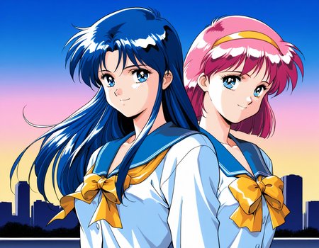 masterpiece, best quality, good quality, <lora:AiShimai_Futari_no_Kajitsu_IS:1> Kitazawa_Rumi, 1girl, blue hair, breasts, long hair, blue eyes, 
school uniform, serafuku, 1990s (style) BREAK, Kitazawa_Tomoko, 1girl, pink hair, Yellow hairband, small breasts, short hair,
serafuku, school uniform, Yellow ribbon, 1girl, BREAK,
 multiple girls, 2girls, blue eyes, blue hair, long hair, retro artstyle, long sleeves, smile, bow, blue sailor collar, sailor collar, 1990s (style), upper body, looking at viewer,
outdoor, sky, city,
