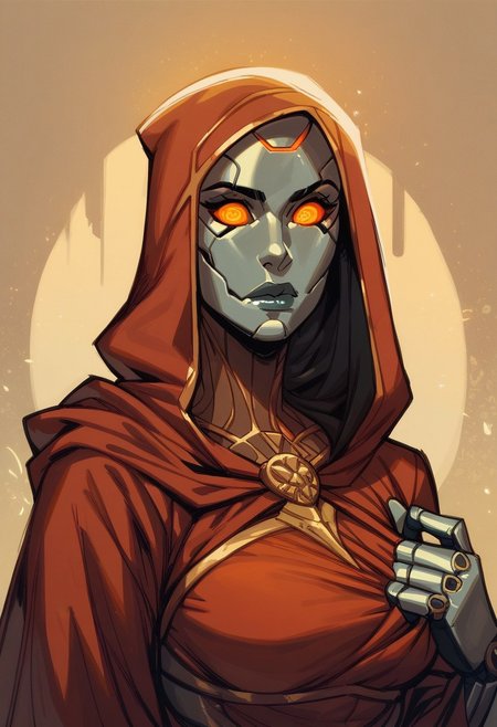 score_9, score_8_up, score_8, score_7_up, score_7, score_6_up, score_6, score_5_up, Score_5, warforged, metal body, robot, robot eyes, beautiful dress, noseless, hood pulled up, vox machine style, 1girl, female focus, solo, portrait, tavern background, fantasy, (dynamic lighting:1.1)
((masterpiece))