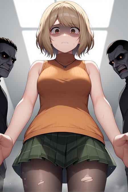 score_9, source_anime, score_8_up, score_7_up, rotting:skindentation:.5, zombies:silhouettes:.8, movement:tears:.5, blurry background:grabbing:.5, detailed background:abstract:.4, shiny skin:reflection:.3, backlighting:sweat:.7, fog:monster:.5, zombie:3boys:.7, lines:motion blur:.4, highres:hiding:.5, tears:deep skin:.7, perspective:outline:.3, shaded face:bugs:.5, apocalypse:running:.7, surrounded:torn:.5, horizon line:depth of field:.3, shadows:scared:.5,  <lora:ashleygraham-pdxl-nvwls-v1:.8> reAshley, brown eyes, bangs, brown eyes, bangs, necklace, orange sweater, sleeveless turtleneck, green miniskirt, pantyhose, zombies