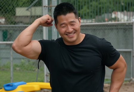 (((htkangface))), (((solo))), east Asian face, daddy, natural face expression,   Photorealistic, realistic, masterpiece, intricate details, detailed background, depth of field, photo of a handsome, dynamic pose, natural face expression, high detail, high quality, Movie Still, Film Still, Cinematic, Cinematic Shot, Cinematic Lighting, ring, (((pectoral))), (((virility))),  4k, highly detailed . 35mm photograph, film, masterpiece, 4k,professional, 4k, highly detailed,  ((big remarkable nipples)), (((covered nipples))), ((huge nipples)),(((sweaty))),  (((in playground))),   (((wearing black tshirt and pants))), (((confident daddy smile))),  sweaty,  daddy smile, Showing off muscle, close up portrait