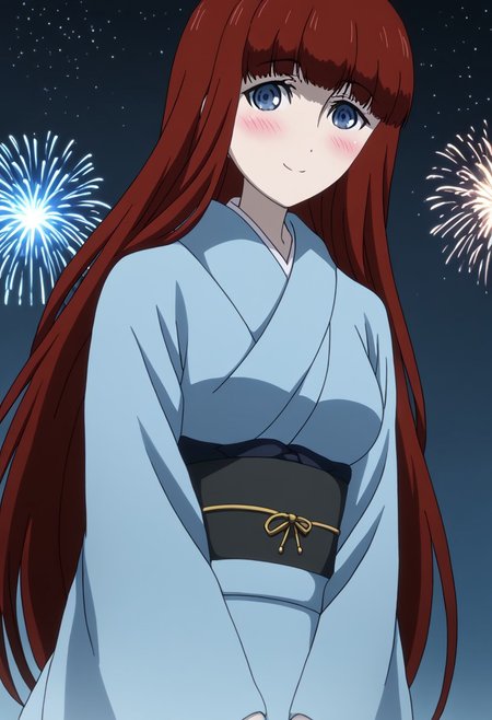 rating_safe, Ultra-high-detailed Anime illustration of Kagari Shiina from Anime Steins;Gate 0. 
The artwork features Kagari in a solo, full body, standing position with a outdoors, flield, and night background. night time. night. stars.
She is depicted with intricate details showcasing her large breasts, natural_breasts. She is a white skinned, 22 years old woman. Kagari is looking_at_viewer with perfect_eyes, Her pupils are highly detailed. The eyes are open. blue eyes. Kagari's eyes are highlighted. Highlighted eyevrows. 
She has long hair, red colored hair, styled in blunt bangs and floating hair.
She is wearing a blue kimono and black shoes. japanese kimono, kimono.
The artistic style is intricate_details_xl with a focus on Anime art. The color palette emphasizes red and black with detailed strokes to bring out the character's features. The lighting creates dramatic shadows and highlights, adding depth to the artwork. The perspective is from a face focus, dutch angle to enhance the impact of the character's expression. This masterpiece is a true portrayal of Kagari's complex personality and will captivate any fan of Kagari. uncensored, upper body, blushing, smile, Kagari Shiina,
perfecteyes,
<lora:Steins_Gate:1>
kimono
happy new year!, Happy New Year fireworks, Happy New Years, golden colored fireworks