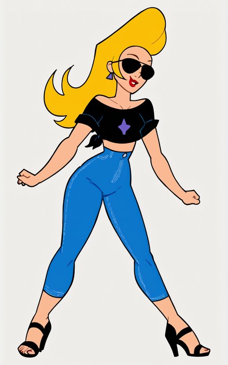 score_9, score_8_up, score_7_up,((best quality)), absurdres, ((full body)), <lora:BolivanteStyle:0.8>,   <lora:JennyBravoPXL:1>,JennyBravoPXL, long hair,blonde hair, shirt,  midriff, pants, black footwear, high heels, black shirt, sandals, sunglasses, blue pants,lipstick, off-shoulder shirt,solo,pompadour,white background,slim,jeans, three quarter view